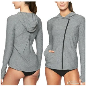 ATHLETA Pacifica Pleated Hoodie Asymmetrical Zip Heather Charcoal Women's M